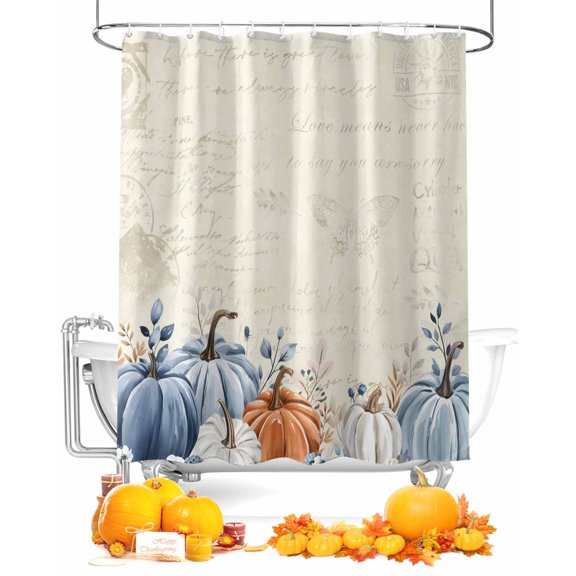 Fall Shower Curtain Blue Pumpkin Bathroom Curtains with Hooks, Waterproof Fabric Vintage Flower Eucalyptus Leaves Thanksgiving Bath Shower Curtains Set for Bathroom Bathtubs Decor 72x72 Inch