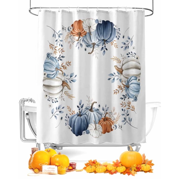 Fall Shower Curtain Blue White Pumpkin Bathroom Curtains with Hooks, Waterproof Fabric Autumn Flowers Eucalyptus Leaf Thanksgiving Bath Shower Curtains Set for Bathroom Bathtubs Decor 72x72 Inch
