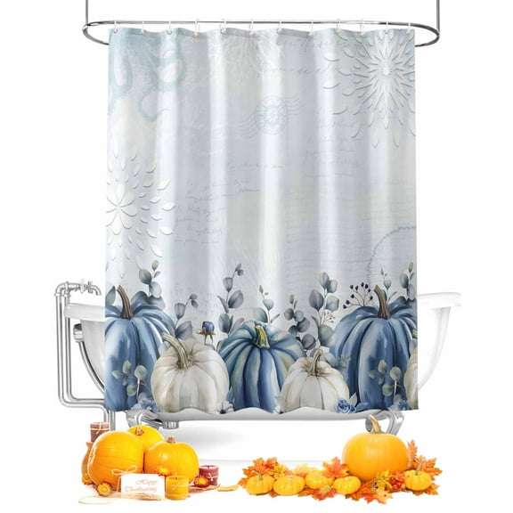 Fall Shower Curtain Blue White Pumpkins Bathroom Curtains with Hooks, Waterproof Fabric Autumn Eucalyptus Leaf Thanksgiving Bath Shower Curtains Set for Bathroom Bathtubs Decor 72x72 Inch