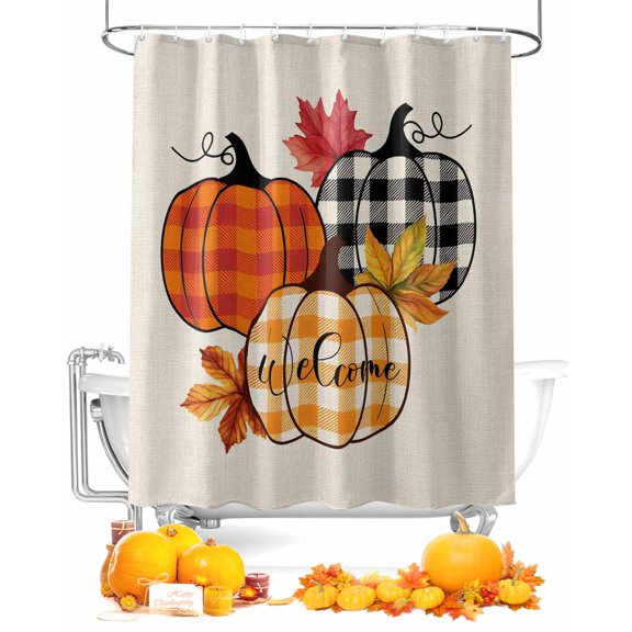 Fall Shower Curtain Buffalo Plaid Pumpkin Bathroom Curtains with Hooks, Waterproof Fabric Maple Leaf Linen Thanksgiving Bath Shower Curtains Set for Bathroom Bathtubs Decor 36x72 Inch