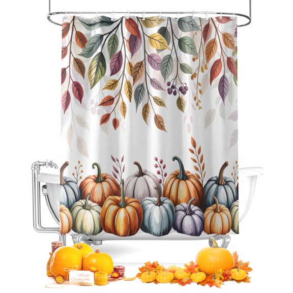 Fall Shower Curtain Colorful Pumpkin Bathroom Curtains with Hooks, Waterproof Fabric Autumn Harvest Thanksgiving Bath Shower Curtains Set for Bathroom Bathtubs Decor 72x72 Inch