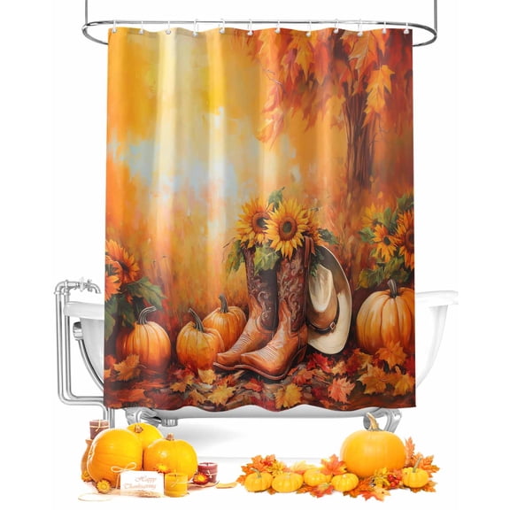 Fall Shower Curtain Cowboy Boot Bathroom Curtains with Hooks, Waterproof Fabric Fall Pumpkin Orange Sunflower Thanksgiving Bath Shower Curtains Set for Bathroom Bathtubs Decor 36x72 Inch