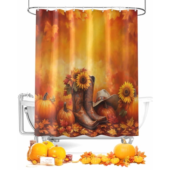 Fall Shower Curtain Cowboy Boots Hats Bathroom Curtains with Hooks, Waterproof Fabric Pumpkin Sunflower Maple Leaves Thanksgiving Bath Shower Curtains Set for Bathroom Bathtubs Decor 72x72 Inch