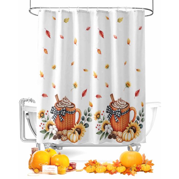 Fall Shower Curtain Cream Coffee Bathroom Curtains with Hooks, Waterproof Fabric Sunflower Pumpkin Fallen Leaves Thanksgiving Bath Shower Curtains Set for Bathroom Bathtubs Decor 72x72 Inch