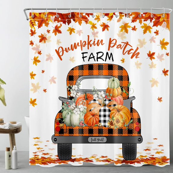 Fall Shower Curtain Decor, Thanksgiving Harvest Pumpkin on Rustic Vintage Black Orange Check Plaid Farm Truck Maple Leaf Shower Curtains 72X72 inch Polyester Fabric Bathroom Curtains Hooks Included