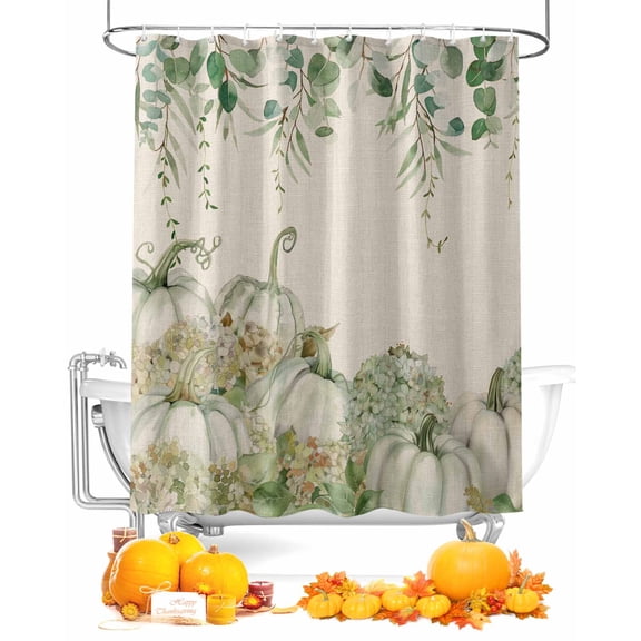 Fall Shower Curtain Eucalyptus Leaf Bathroom Curtains with Hooks, Waterproof Fabric Watercolor Pumpkin Thanksgiving Bath Shower Curtains Set for Bathroom Bathtubs Decor 72x72 Inch