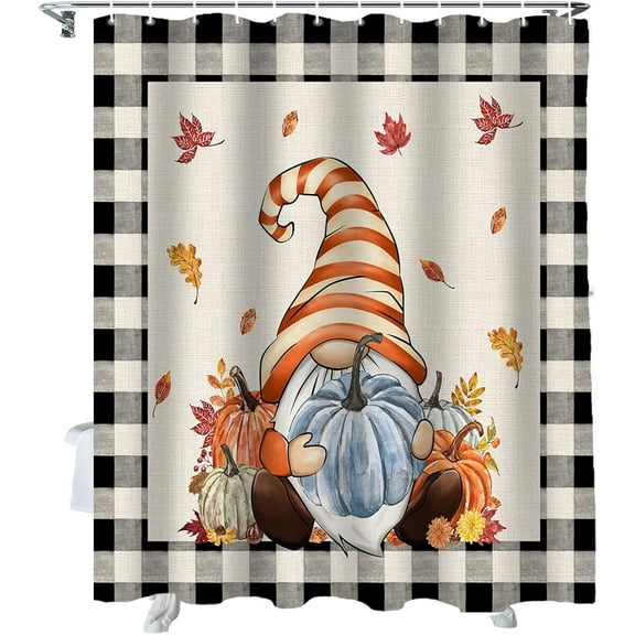 Fall Shower Curtain Fall Gnome Shower Curtains for Bathroom Autumn Pumpkin Black Buffalo Plaid Bath Curtains Sets with Hooks for Autumn Thanksgiving Seasonal Decor Waterproof Extra Long 72" X 84"