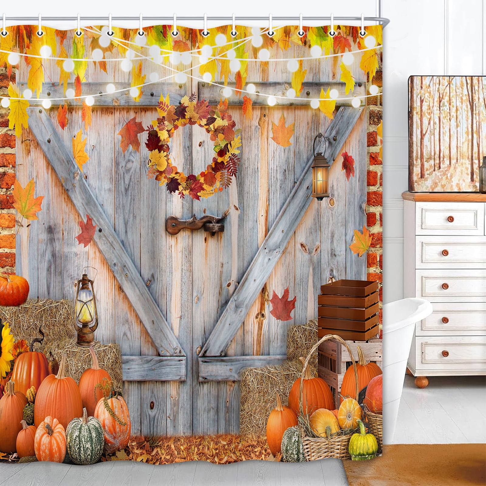 Fall Shower Curtain, Farmhouse Barn Door Pumpkin Bath Curtain, Rustic Autumn Thanksgiving Harvest Bathroom Curtain Bathtub Decor, Polyester Fabric Waterproof Bathroom Curtain with 12 Hooks 70X75in