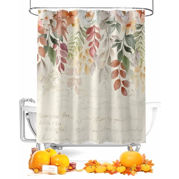 Fall Shower Curtain Floral Leaf Bathroom Curtains with Hooks, Waterproof Fabric Autumn Watercolor Flower Leaves Thanksgiving Bath Shower Curtains Set for Bathroom Bathtubs Decor 72x72 Inch