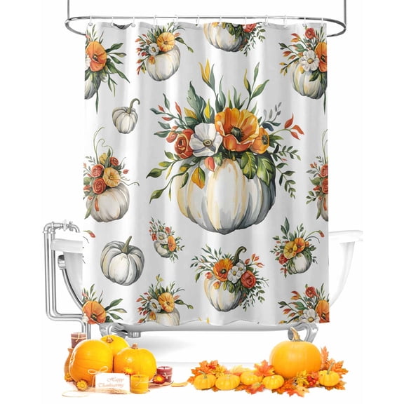 Fall Shower Curtain Floral White Pumpkin Bathroom Curtains with Hooks, Waterproof Fabric Flower Leaves Thanksgiving Bath Shower Curtains Set for Bathroom Bathtubs Decor 72x72 Inch