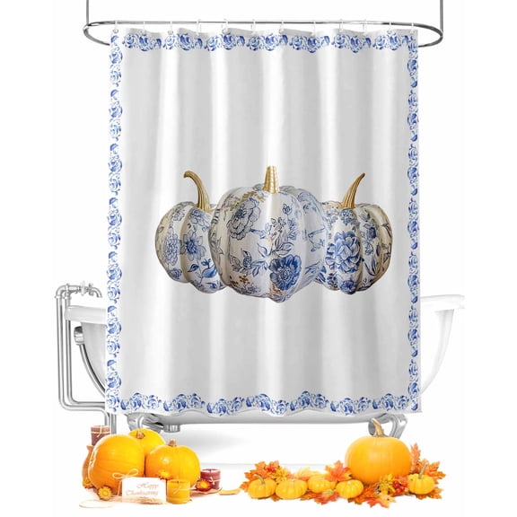 Fall Shower Curtain Flower Pumpkin Bathroom Curtains with Hooks, Waterproof Fabric Blue Floral Thanksgiving Bath Shower Curtains Set for Bathroom Bathtubs Decor 72x72 Inch