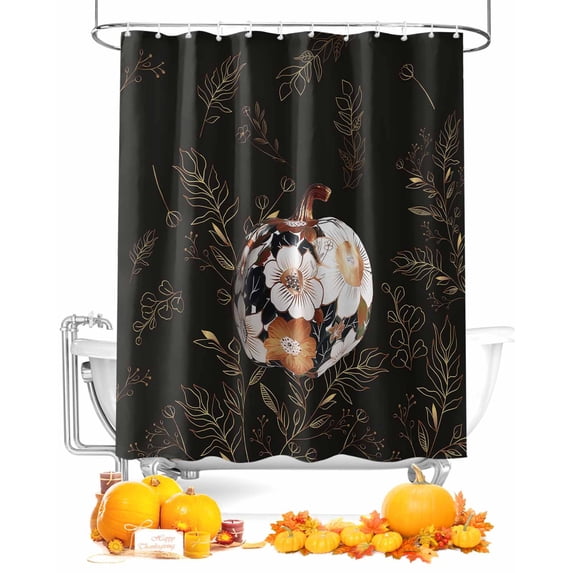 Fall Shower Curtain Flower Pumpkin Bathroom Curtains with Hooks, Waterproof Fabric Floral Leaf Black Thanksgiving Bath Shower Curtains Set for Bathroom Bathtubs Decor 72x84 Inch