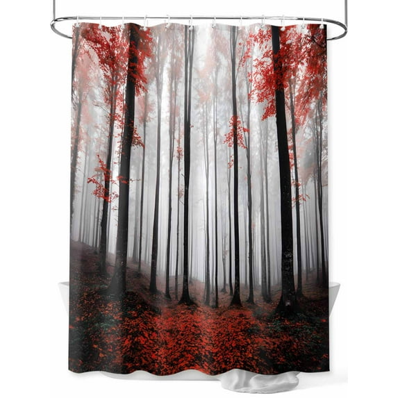 Fall Shower Curtain Forest Sunlight Shower Curtains for Bathroom Thanksgiving Decor, Waterproof Polyester Shower Curtain Set with Hooks, Extra Long 72" x 78" Red Leaves Tree