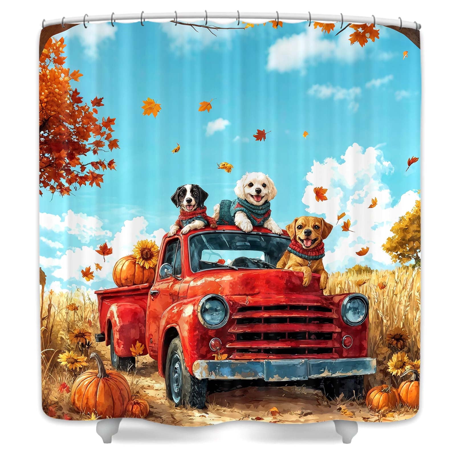Fall Shower Curtain,Funny Sweater Dogs Truck Pumpkin Harvest Bathroom Curtain,Autumn Maple Leaf Sunflowers Thanksgiving Waterproof Fabric Bathroom Decor with Hooks,69X70 in