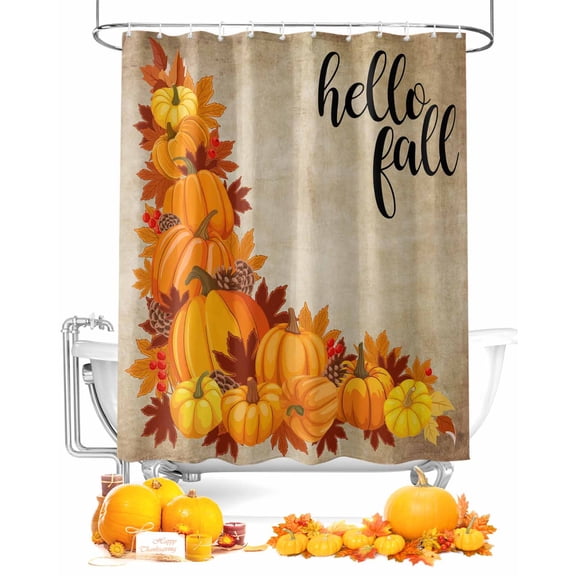 Fall Shower Curtain Harvest Pumpkin Bathroom Curtains with Hooks, Waterproof Fabric Autumn Maple Leaf Hello Fall Thanksgiving Bath Shower Curtains Set for Bathroom Bathtubs Decor 72x72 Inch