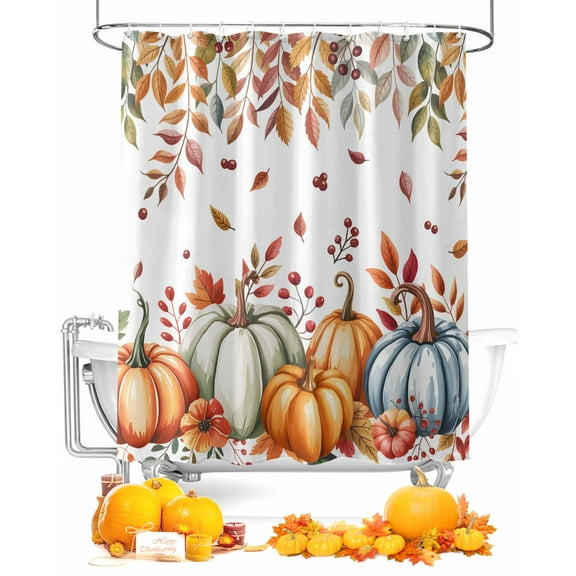 Fall Shower Curtain Harvest Pumpkin Bathroom Curtains with Hooks, Waterproof Fabric Berry Fallen Eucalyptus Leaves Thanksgiving Bath Shower Curtains Set for Bathroom Bathtubs Decor 72x72 Inch