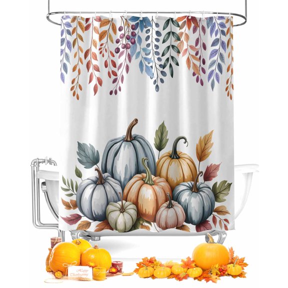Fall Shower Curtain Harvest Pumpkin Bathroom Curtains with Hooks, Waterproof Fabric Colorful Leaves Thanksgiving Bath Shower Curtains Set for Bathroom Bathtubs Decor 72x72 Inch