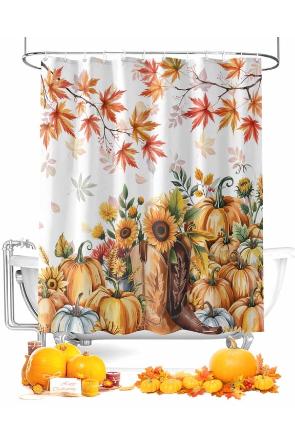 Fall Shower Curtain Harvest Pumpkin Bathroom Curtains with Hooks, Waterproof Fabric Cowboy Boots Sunflower Maple Leaf Thanksgiving Bath Shower Curtains Set for Bathroom Bathtubs Decor 36x72 Inch