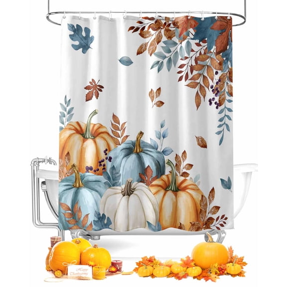 Fall Shower Curtain Harvest Pumpkin Bathroom Curtains with Hooks, Waterproof Fabric Fallen Eucalyptus Leaves Thanksgiving Bath Shower Curtains Set for Bathroom Bathtubs Decor 72x72 Inch