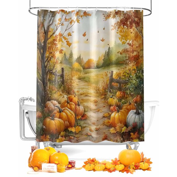 Fall Shower Curtain Harvest Pumpkin Bathroom Curtains with Hooks, Waterproof Fabric Maple Leaves Manor Landscape Thanksgiving Bath Shower Curtains Set for Bathroom Bathtubs Decor 72x72 Inch
