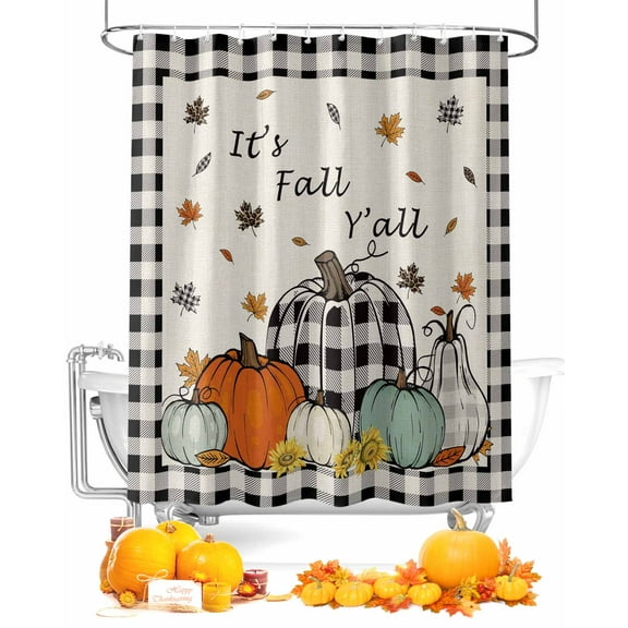 Fall Shower Curtain Harvest Pumpkin Bathroom Curtains with Hooks, Waterproof Fabric Sunflower Back Plaid It's Fall Y'all Thanksgiving Bath Shower Curtains Set for Bathroom Bathtubs Decor 72x72 Inch