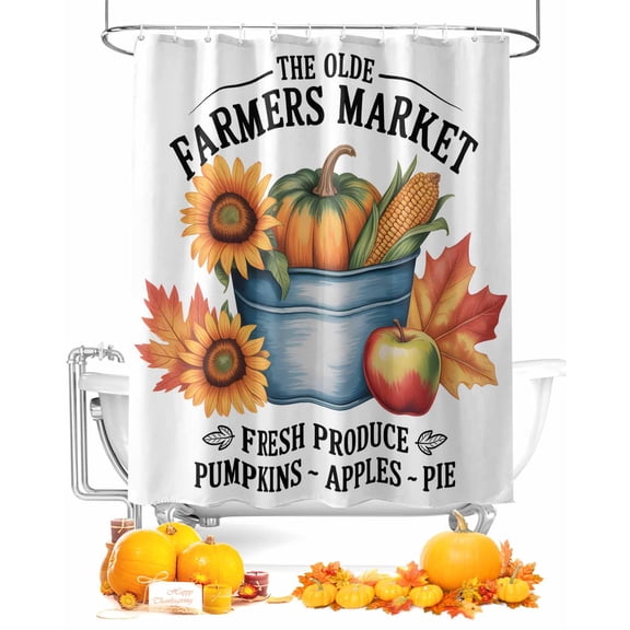 Fall Shower Curtain Harvest Pumpkin Bathroom Curtains with Hooks, Waterproof Fabric Sunflower Corn Farmers Market Thanksgiving Bath Shower Curtains Set for Bathroom Bathtubs Decor 72x72 Inch