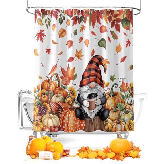 Fall Shower Curtain Harvest Pumpkin Gnome Bathroom Curtains with Hooks, Waterproof Fabric Autumn Maple Leaf Thanksgiving Bath Shower Curtains Set for Bathroom Bathtubs Decor 72x72 Inch