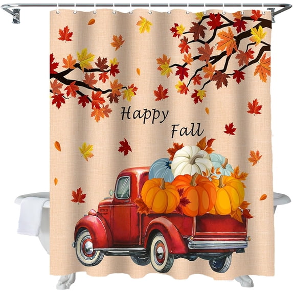 Fall Shower Curtain Harvest Pumpkin Red Truck Shower Curtains for Bathroom Decor Fall Thanksgiving Harvest Maple Leaf Bath Curtains Sets with Hooks Polyester Fabric Waterproof Extra Long 72" x 84"