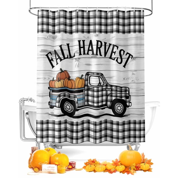 Fall Shower Curtain Harvest Pumpkin Truck Bathroom Curtains with Hooks, Waterproof Fabric Autumn Car Black Plaid Wood Thanksgiving Bath Shower Curtains Set for Bathroom Bathtubs Decor 36x72 Inch