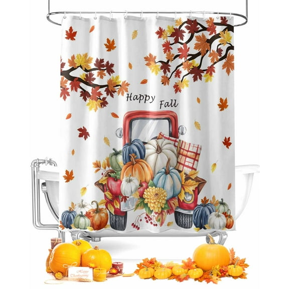 Fall Shower Curtain Harvest Pumpkin Truck Bathroom Curtains with Hooks, Waterproof Fabric Maple Leaf Happy Fall Thanksgiving Bath Shower Curtains Set for Bathroom Bathtubs Decor 72x72 Inch