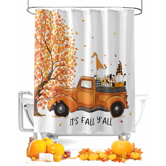 Fall Shower Curtain Harvest Pumpkin Truck Gnome Bathroom Curtains with Hooks, Waterproof Fabric Orange Maple Leaves Tree Thanksgiving Bath Shower Curtains Set for Bathroom Bathtubs Decor 72x72 Inch