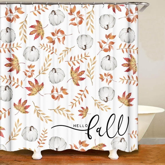 Fall Shower Curtain Hello Fall Pumpkin Maple Leaves Shower Curtain Thanksgiving Waterproof Bathroom Decorations 72x72 Inches with 12 Hooks