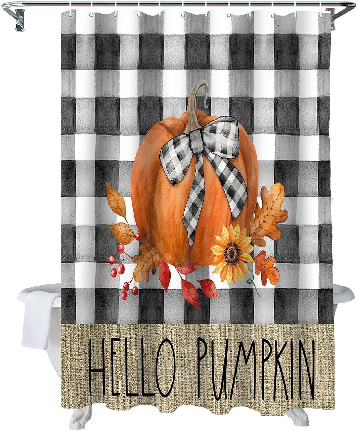 Fall Shower Curtain Hello Pumpkin Shower Curtains for Bathroom Autumn Leaf Sunflower Buffalo Plaid Bath Curtains Sets for Autumn Thanksgiving Seasonal Bathroom Decor Fabric Waterproof 72 x 72 in
