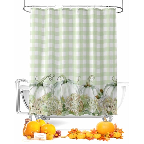 Fall Shower Curtain Hydrangea Pumpkin Bathroom Curtains with Hooks, Waterproof Fabric Green Plaid Thanksgiving Bath Shower Curtains Set for Bathroom Bathtubs Decor 36x72 Inch