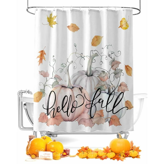 Fall Shower Curtain Maple Leaf Hello Fall Bathroom Curtains with Hooks, Waterproof Fabric Pumpkin Thanksgiving Bath Shower Curtains Set for Bathroom Bathtubs Decor 72x72 Inch