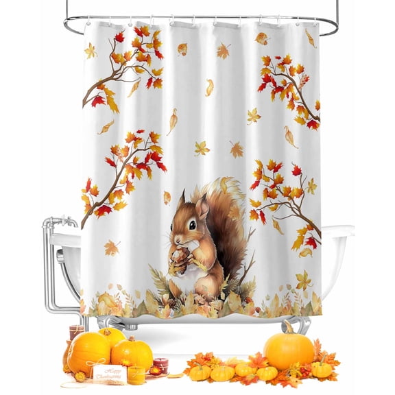 Fall Shower Curtain Maple Leaf Tree Bathroom Curtains with Hooks, Waterproof Fabric Squirrel Pine Cone Thanksgiving Bath Shower Curtains Set for Bathroom Bathtubs Decor 72x84 Inch