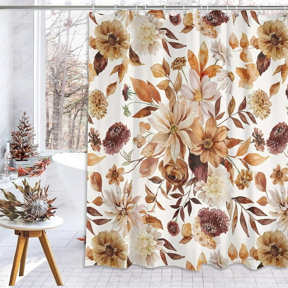 Fall Shower Curtain, Fall Maple Leaves Floral Shower Curtains for Bathroom, Autumn Thanksgiving Day Harvest Decor Waterproof Fabric with Hooks 72x72 Inch