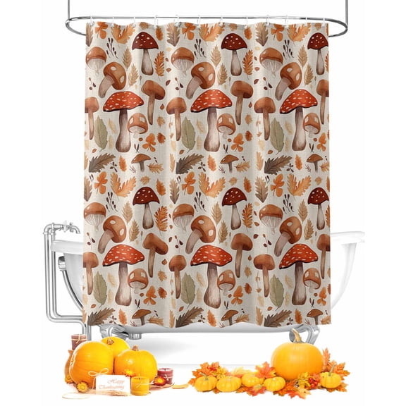 Fall Shower Curtain Mushroom Bathroom Curtains with Hooks, Waterproof Fabric Autumn Leaf Farmhouse Thanksgiving Bath Shower Curtains Set for Bathroom Bathtubs Decor 72x72 Inch