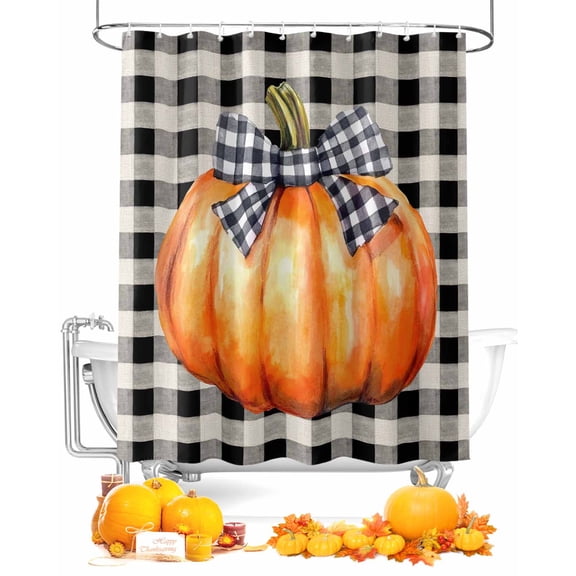 Fall Shower Curtain Orange Bow Pumpkin Bathroom Curtains with Hooks, Waterproof Fabric Maple Leaves Black Buffalo Plaid Thanksgiving Bath Shower Curtains Set for Bathroom Bathtubs Decor 36x72 Inch