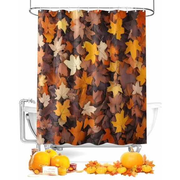 Fall Shower Curtain Orange Fallen Leaves Bathroom Curtains with Hooks, Waterproof Fabric Autumn Leaf Landscape Thanksgiving Bath Shower Curtains Set for Bathroom Bathtubs Decor 72x72 Inch