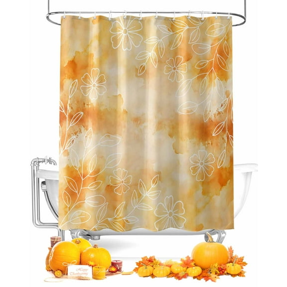 Fall Shower Curtain Orange Flowers Bathroom Curtains with Hooks, Waterproof Fabric Abstract Floral Thanksgiving Bath Shower Curtains Set for Bathroom Bathtubs Decor 72x72 Inch