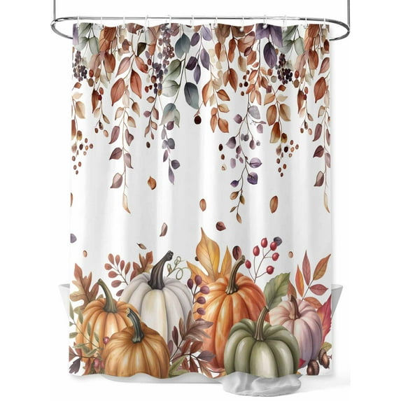 Fall Shower Curtain Orange Green Pumpkin Leaves Shower Curtains for Bathroom Thanksgiving Decor, Waterproof Polyester Shower Curtain Set with Hooks, Standard Size 66" x 72" Farmhouse