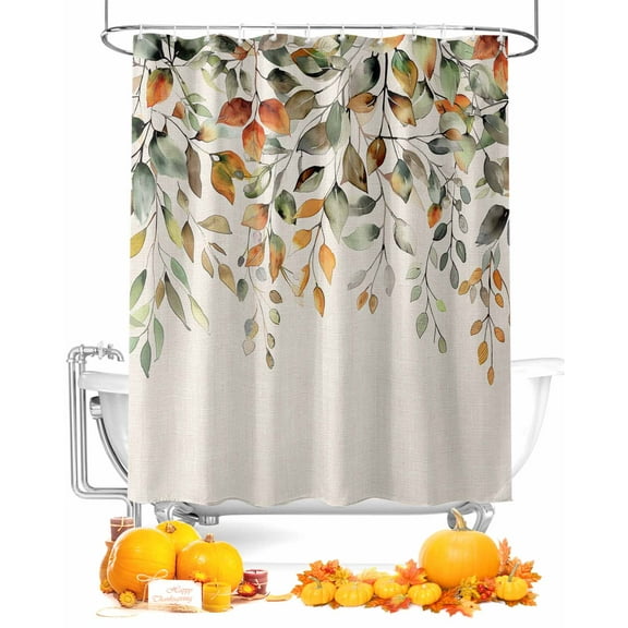 Fall Shower Curtain Orange Leaves Bathroom Curtains with Hooks, Waterproof Fabric Autumn Green Leaf Beige Thanksgiving Bath Shower Curtains Set for Bathroom Bathtubs Decor 72x72 Inch