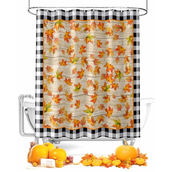 Fall Shower Curtain Orange Maple Leaf Bathroom Curtains with Hooks, Waterproof Fabric Farm Autumn Leaves Wood Plaid Thanksgiving Bath Shower Curtains Set for Bathroom Bathtubs Decor 72x72 Inch