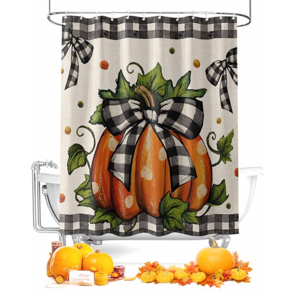 Fall Shower Curtain Orange Polka Dot Pumpkin Bathroom Curtains with Hooks, Waterproof Fabric Black Plaid Bow Linen Thanksgiving Bath Shower Curtains Set for Bathroom Bathtubs Decor 72x72 Inch