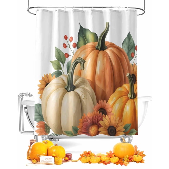 Fall Shower Curtain Orange Pumpkin Bathroom Curtains with Hooks, Waterproof Fabric Sunflower Berry Maple Leaf Thanksgiving Bath Shower Curtains Set for Bathroom Bathtubs Decor 72x72 Inch
