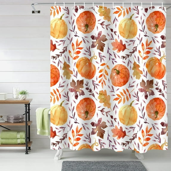Fall Shower Curtain Orange Pumpkin Shower Curtains for Bathroom Autumn Leaves Bath Curtains Sets with Hooks for Autumn Thanksgiving Seasonal Bathroom Decor Polyester Fabric Waterproof 72 x 84 in