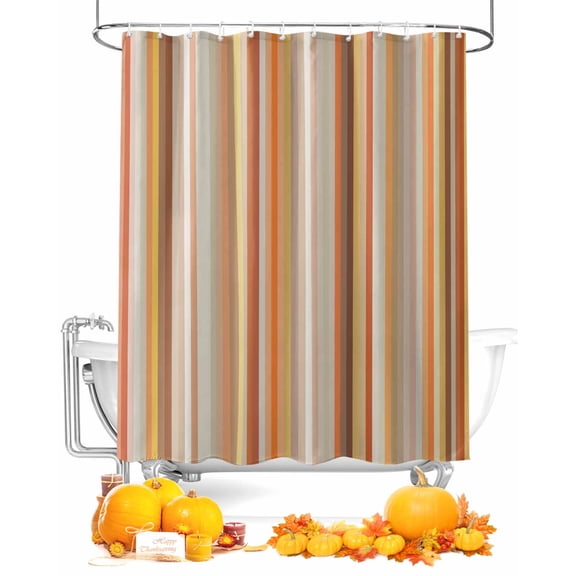 Fall Shower Curtain Orange Stripe Bathroom Curtains with Hooks, Waterproof Fabric Vertical Striped Thanksgiving Bath Shower Curtains Set for Bathroom Bathtubs Decor 72x72 Inch