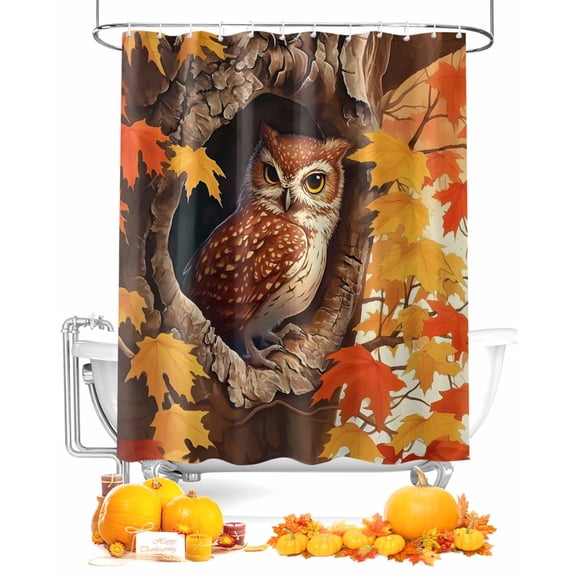 Fall Shower Curtain Owl Bathroom Curtains with Hooks, Waterproof Fabric Red Maple Leaves Animal Thanksgiving Bath Shower Curtains Set for Bathroom Bathtubs Decor 72x72 Inch