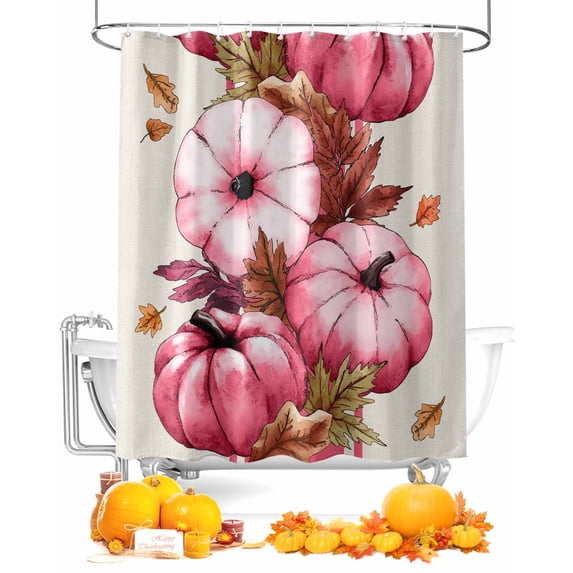 Fall Shower Curtain Pink Pumpkin Bathroom Curtains with Hooks, Waterproof Fabric Autumn Maple Leaves Beige Thanksgiving Bath Shower Curtains Set for Bathroom Bathtubs Decor 36x72 Inch